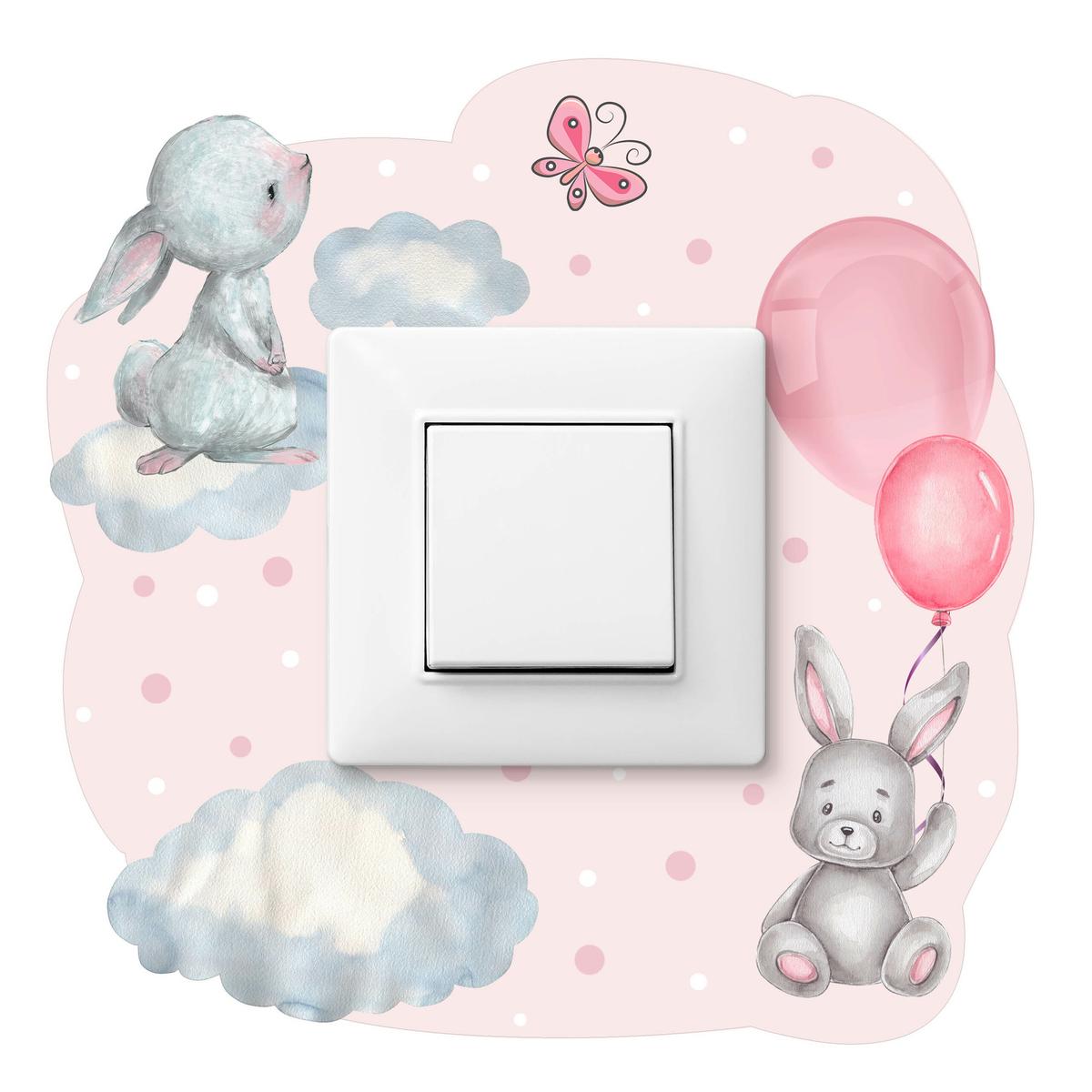 Naklejka Pod Kontakt Dla Dzieci Króliczki 20x20 Różowe Balony Kropki Chmurki