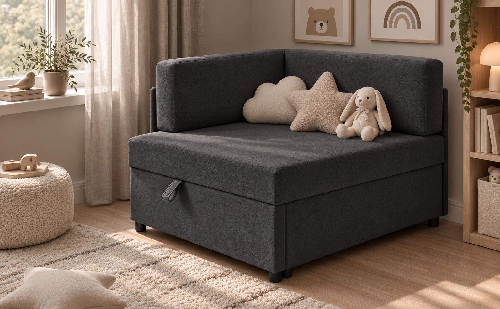 Sofa Viluś 106x75x80 cm grafitowy rozkładana sofa narożna jednoosobowa z funkcją spania i pojemnikiem na pościel