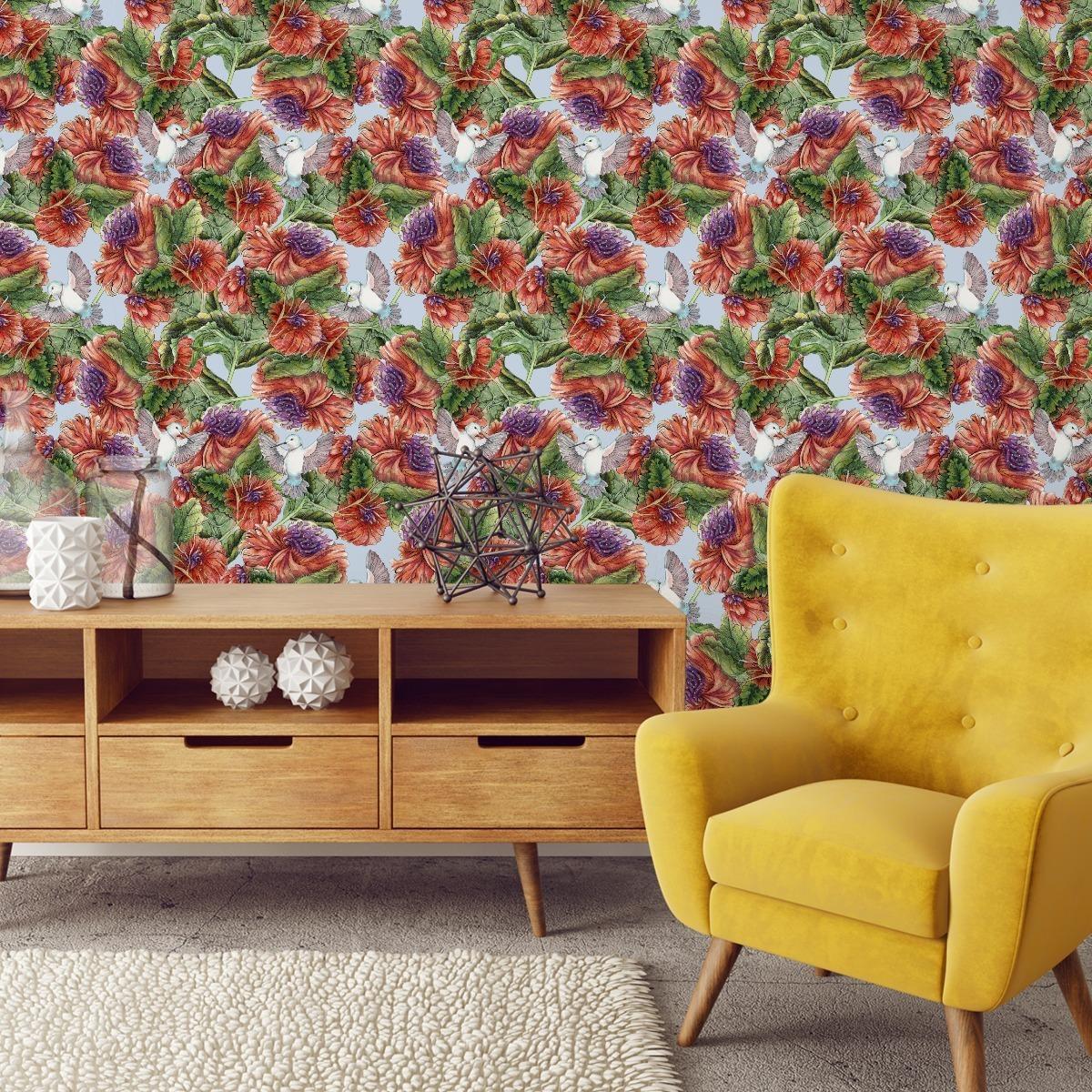 Tapeta Kwiaty MALOWANE Akwarelą Ptaki Natura Retro  nr. 6