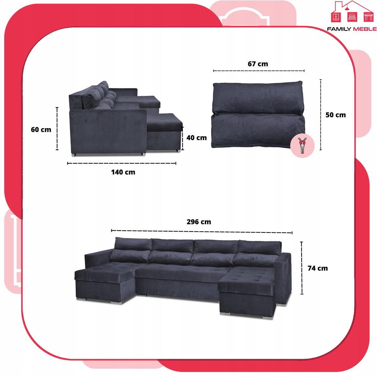 Narożnik Varius BIG 297x74x140 cm kształt U z funkcją spania i przechowywania do salonu Monoliht czarny nr. 8