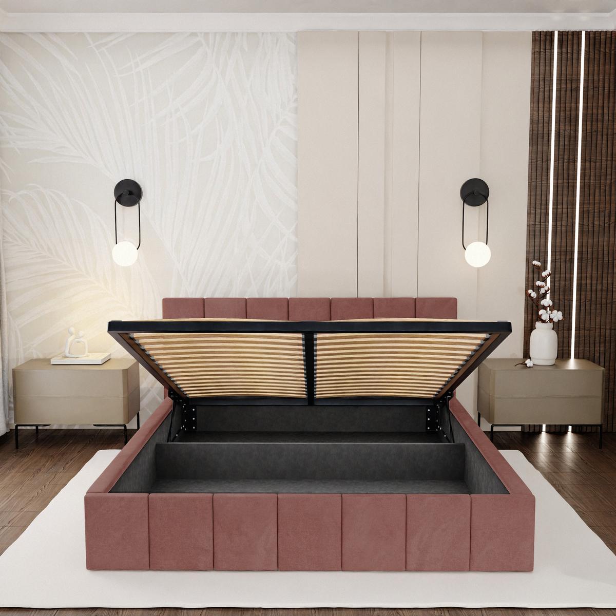 Łóżko tapicerowane 140x200 premium z pojemnikiem do sypialni różowe wezgłowie 107 cm nr. 7