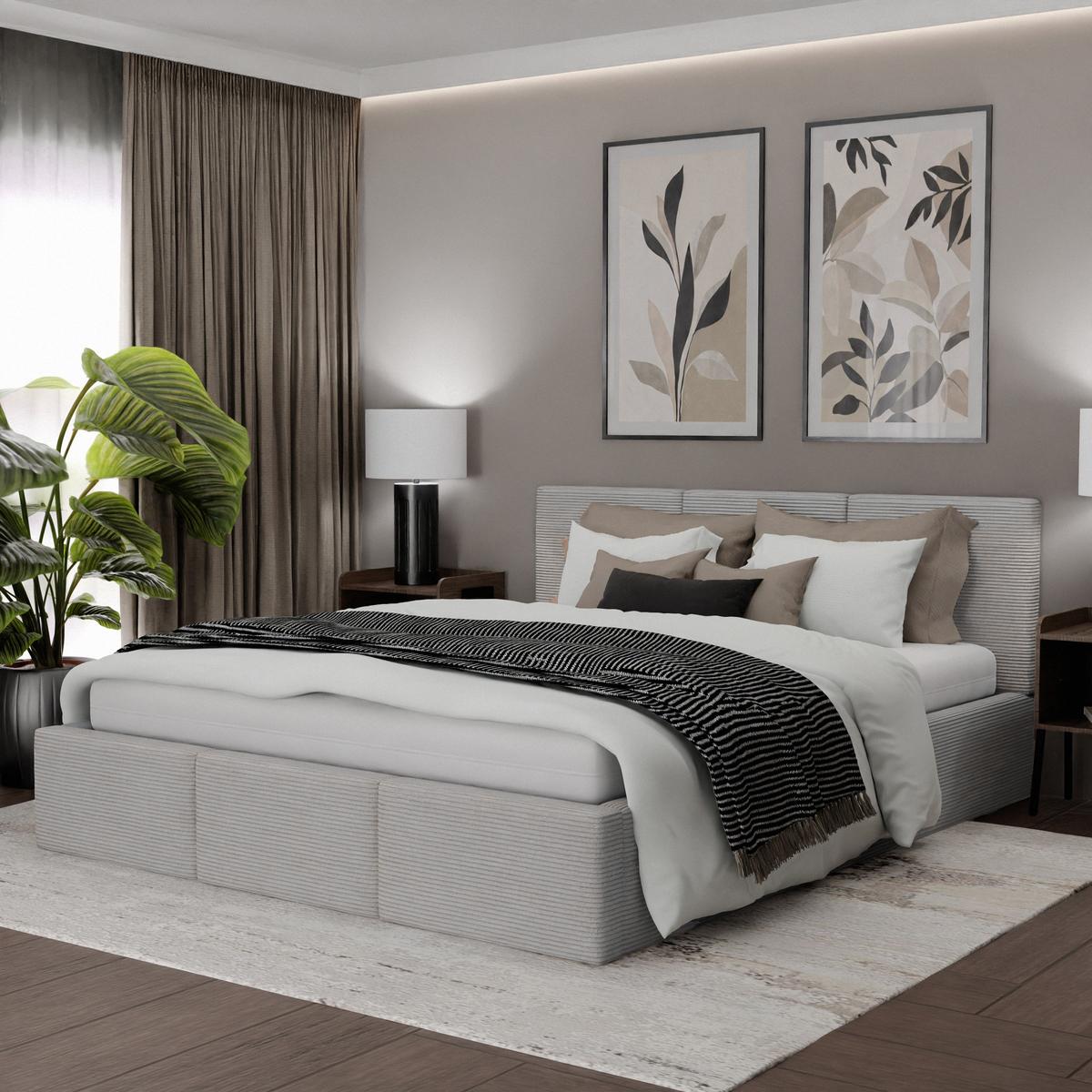 Łóżko Tapicerowane Do Sypialni  180x200 Podwójne z Pojemnikiem Szare