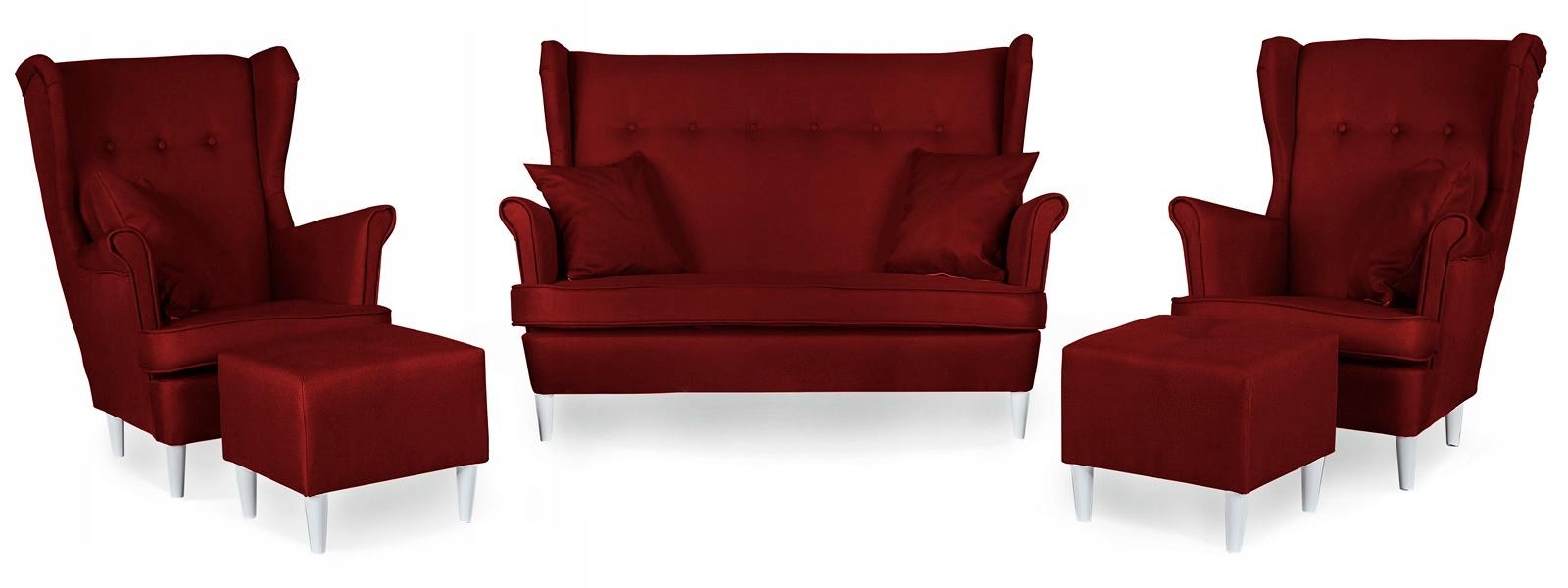 Zestaw wypoczynkowy mebli ARI 149x104x92 cm uszak sofa fotele pufy do salonu Sawana czerwone wino