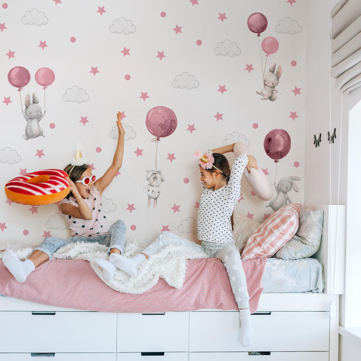 Naklejki Ścienne Dla Dzieci Króliczki Różowe 60x30 Balony Chmurki ZESTAW nr. 4