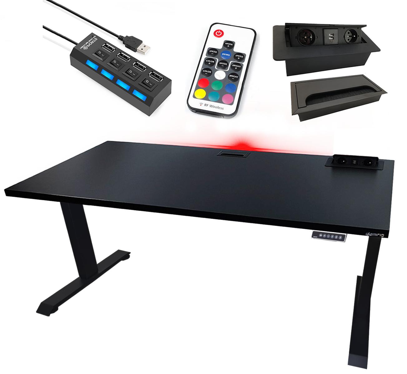 Biurko gamingowe elektryczne model 3 TOP 160x80x70-118 cm regulowane nogi LED RGB pilot przepust USB czarne