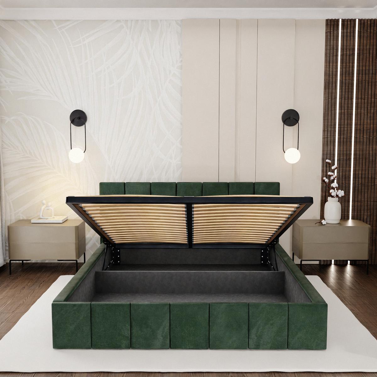 Łóżko tapicerowane 140x200 premium z pojemnikiem do sypialni butelkowa zieleń wezgłowie 107 cm nr. 7