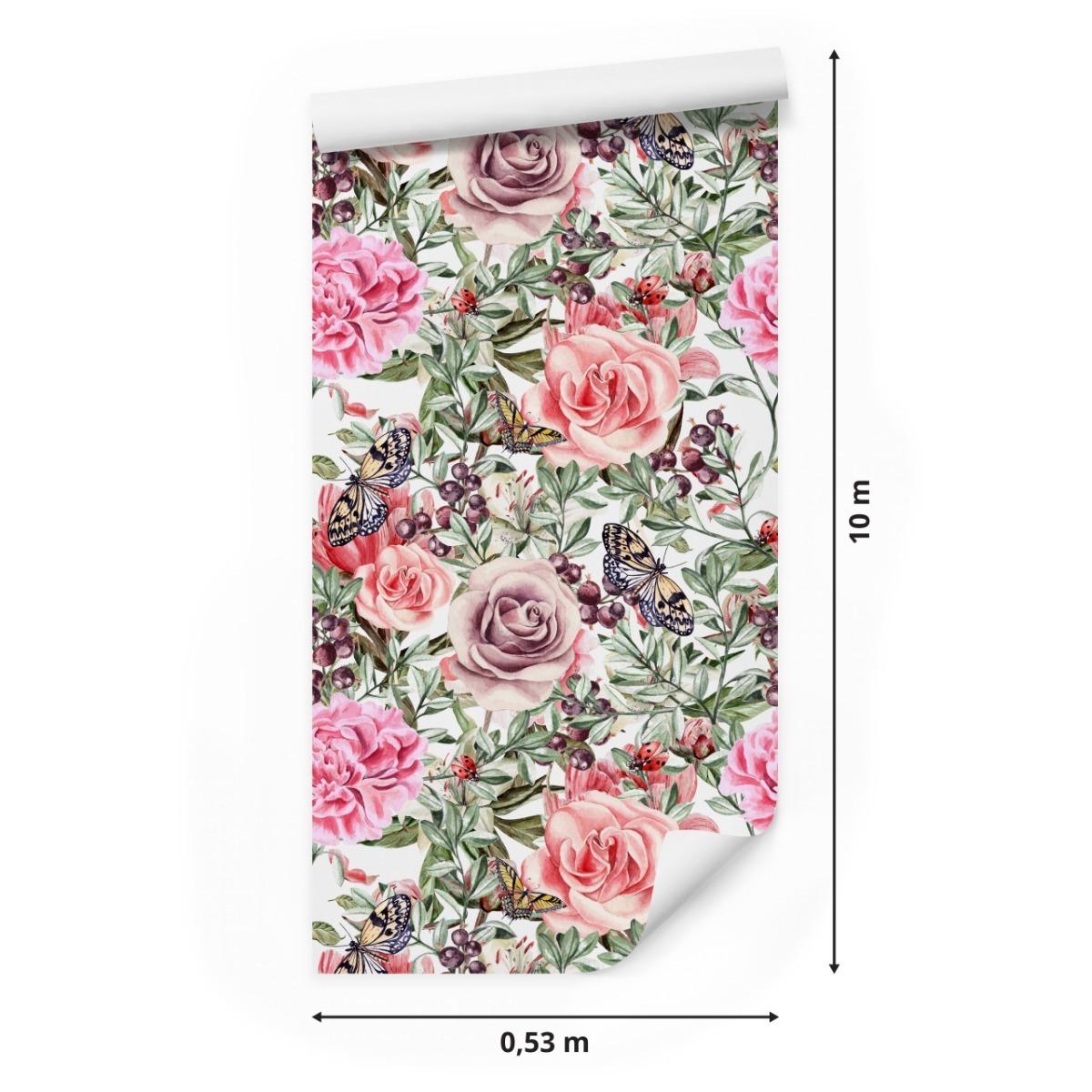 Tapeta Akwarelowe Róże Peonie KWIATY Owoce Motyle 53x1000  nr. 2