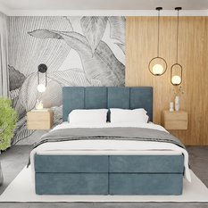 Łóżko kontynentalne 140x200x113 cm tapicerowane podwójne z materacem morskie  - Miniaturka zdjęcia nr 8