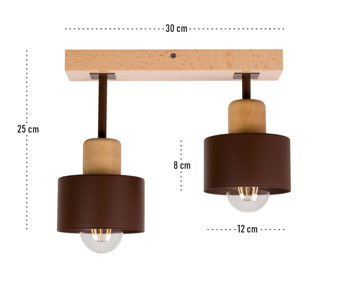 Lampa sufitowa 12 x 30 x 25 cm dwupunktowy spot z drewna i metalu gwint E27 brązowa do salonu nr. 3