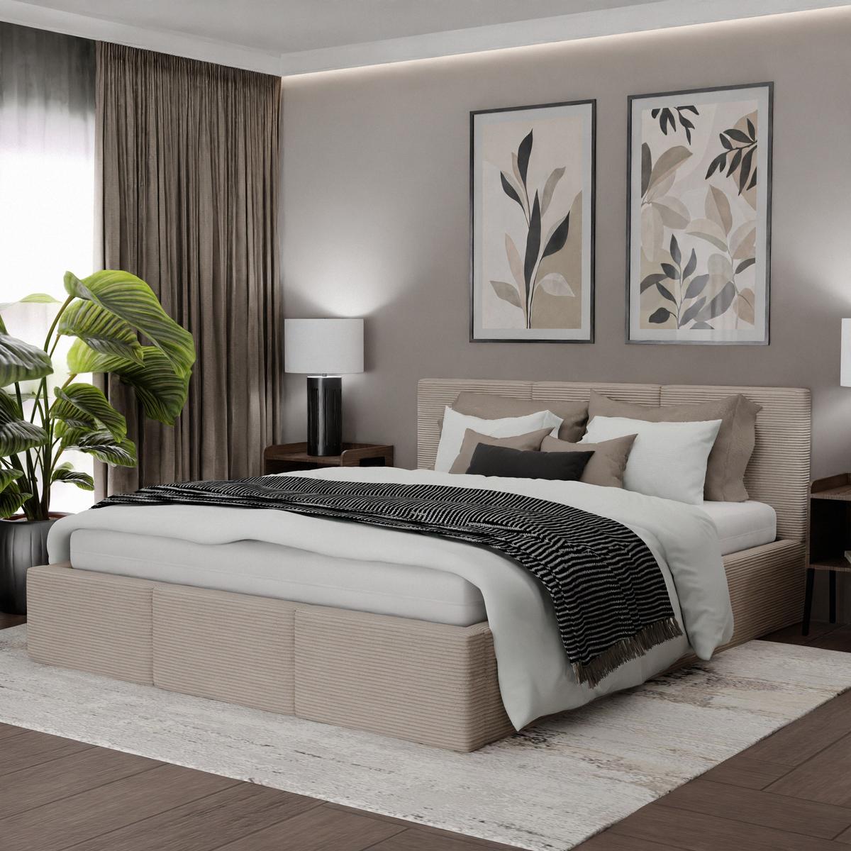 Łóżko Tapicerowane Do Sypialni 160x200 Podwójne z Pojemnikiem Beżowe