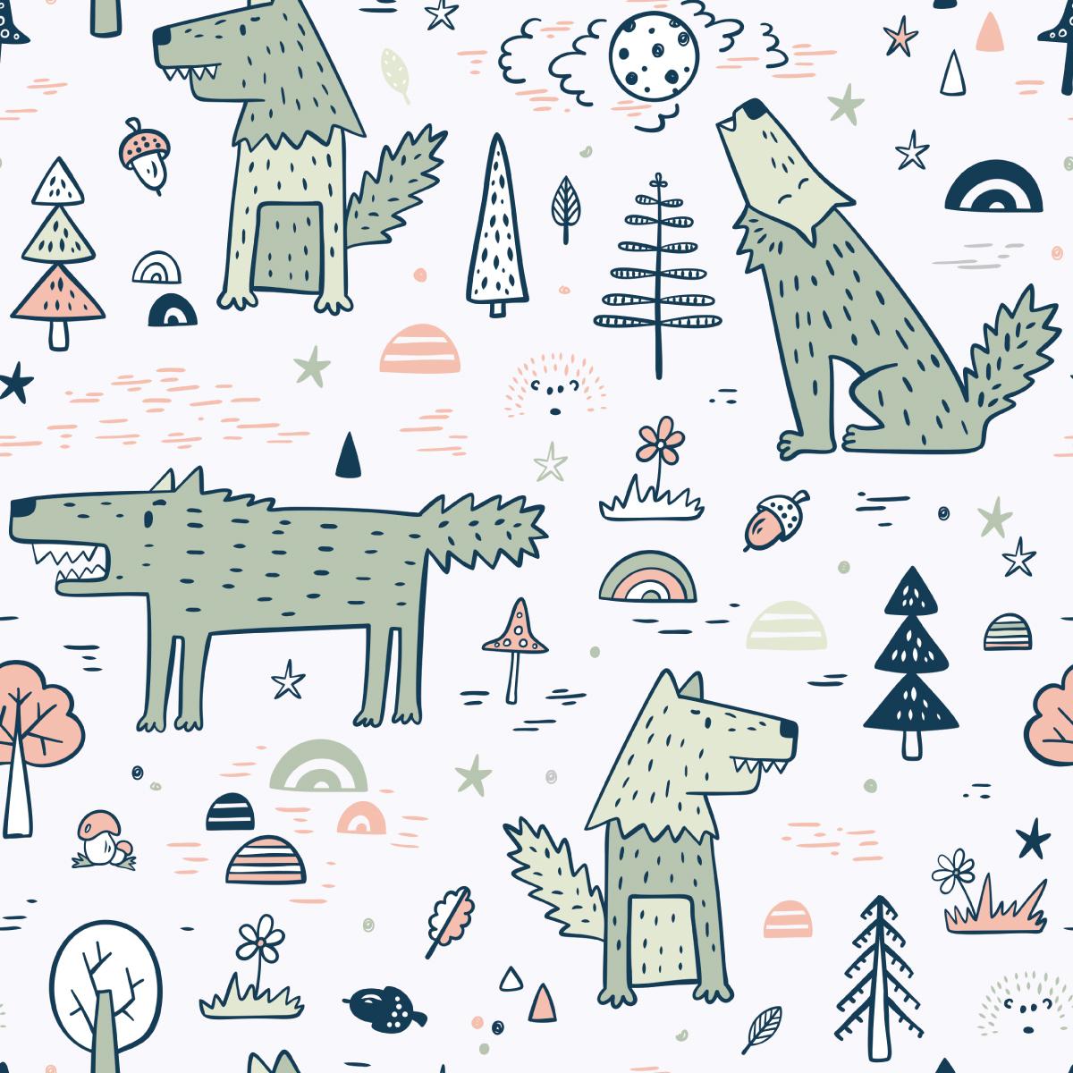 Tapeta Dla Dzieci WILKI Las Rośliny Tęcza Natura  nr. 3