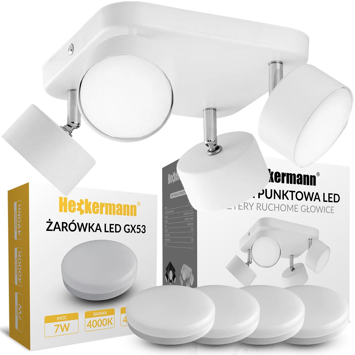 Lampa sufitowa punktowa LED Heckermann 8795318A Biała 4x głowica + 4x Żarówka LED GX53 7W Neutral