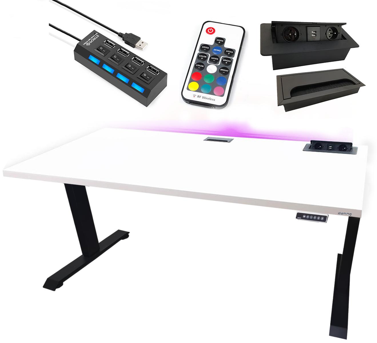 Biurko gamingowe elektryczne model 3 Top 160x80x70-118 cm regulowane nogi LED RGB pilot przepust USB białe nr. 1