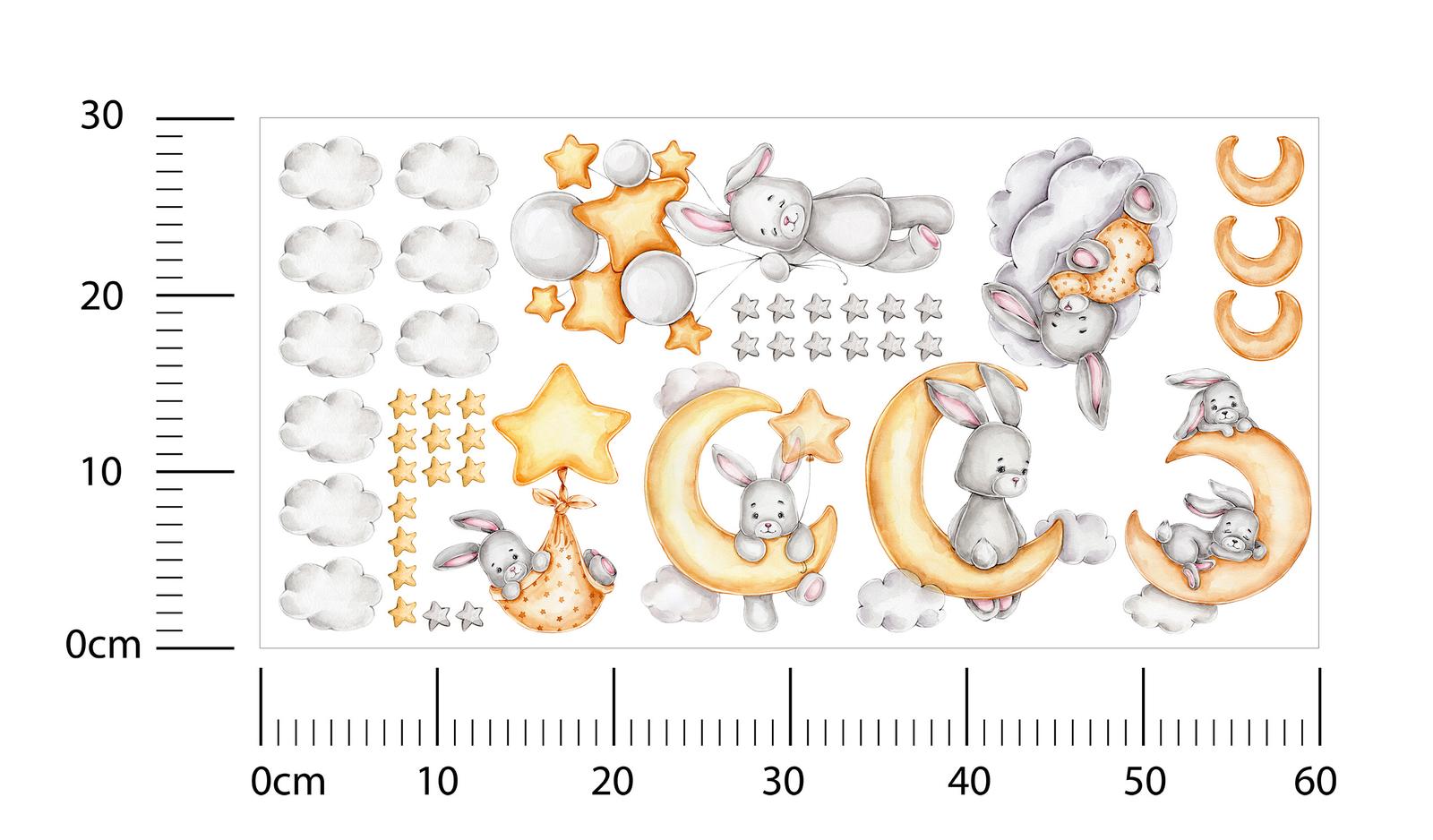 Naklejki Ścienne Dla Dzieci Szare Króliczki 60x30 Księżyce ZESTAW nr. 2