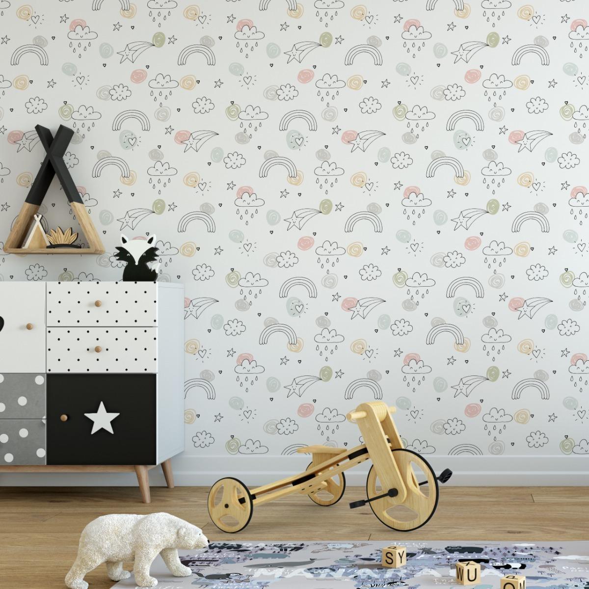 Tapeta Dziecięca Rysowane CHMURKI Gwiazdki Tęcza 53x1000  nr. 6