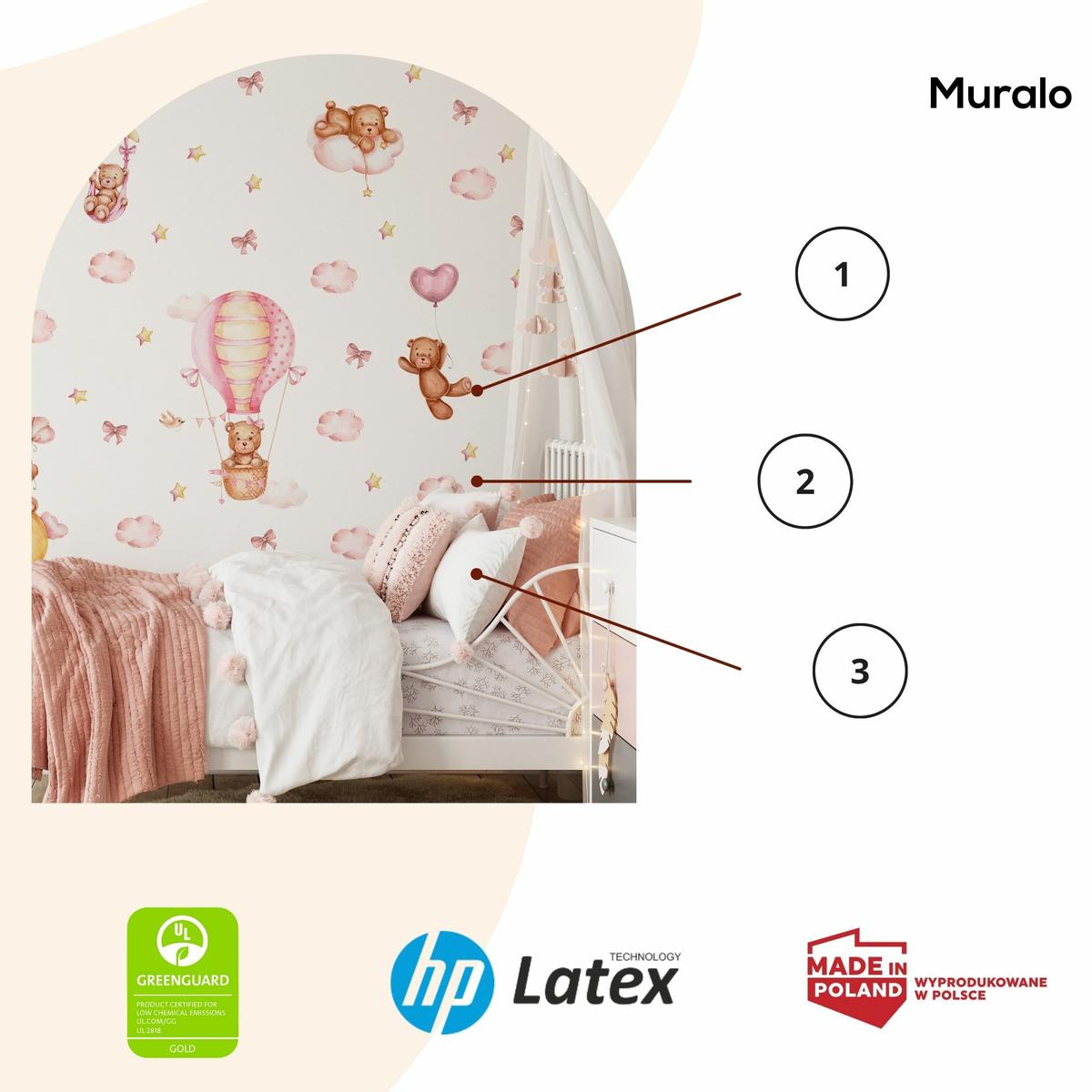 Naklejki Dla Dzieci Misie Różowe Chmurki Gwiazdy 120x60 Kokardki ZESTAW nr. 3