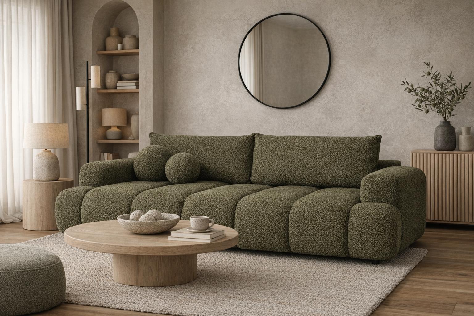 Kanapa z funkcją spania Mediolan 250x112x90 cm rozkładana trzyosobowa tkanina LOOP zieleń