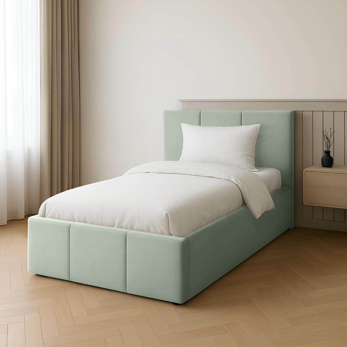 Łóżko Pojedyncze 90x200cm łóżko tapicerowane z pojemnikiem miętowe do sypialni wezgłowie 120 cm  nr. 3