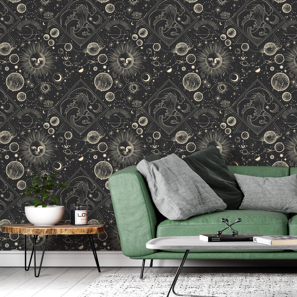 Tapeta W Rolce KSIĘŻYCE Planety Fale Szkic Boho  nr. 3