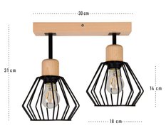 Lampa sufitowa 30x18x31 cm dwupunktowy spot z drewna i metalu gwint E27 czarna do salonu - Miniaturka zdjęcia nr 3