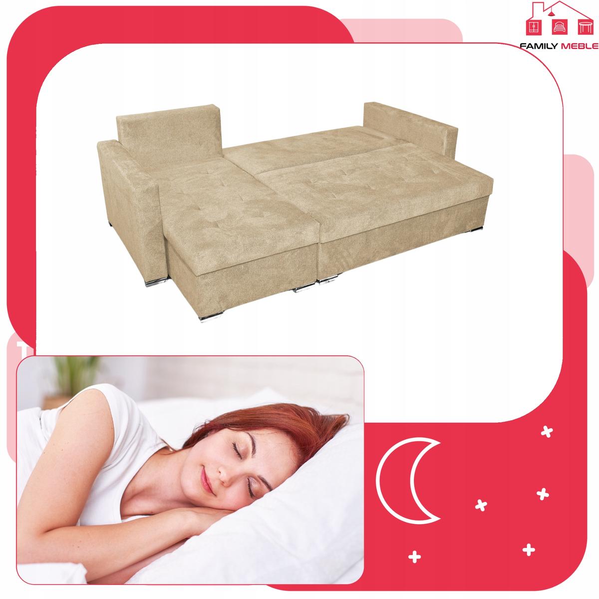 Narożnik BELLA 226x75x140 cm rozkładany funkcją spania rogówka do salonu beżowy welur nr. 7