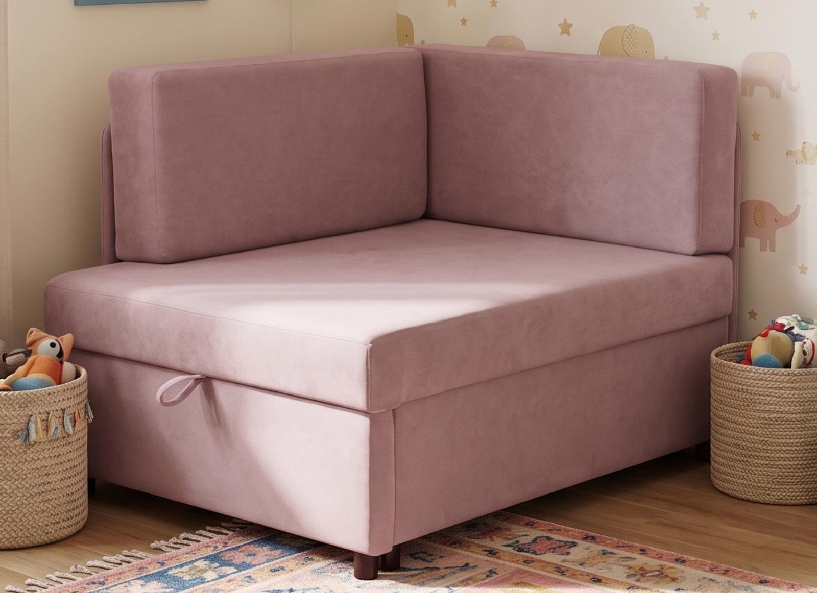 Łóżko rozkładane dla dzieci Viluś 106x75x80 cm sofa narożnik jednoosobowy do pokoju z funkcją spania i przechowywania różowy