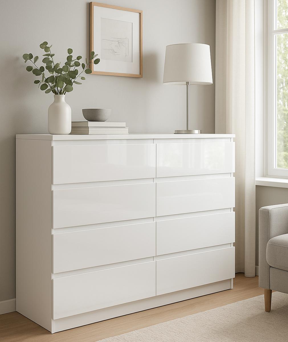 Komoda MARTUSIA 140x97x40 cm 8 szuflad do sypialni salony biały połysk