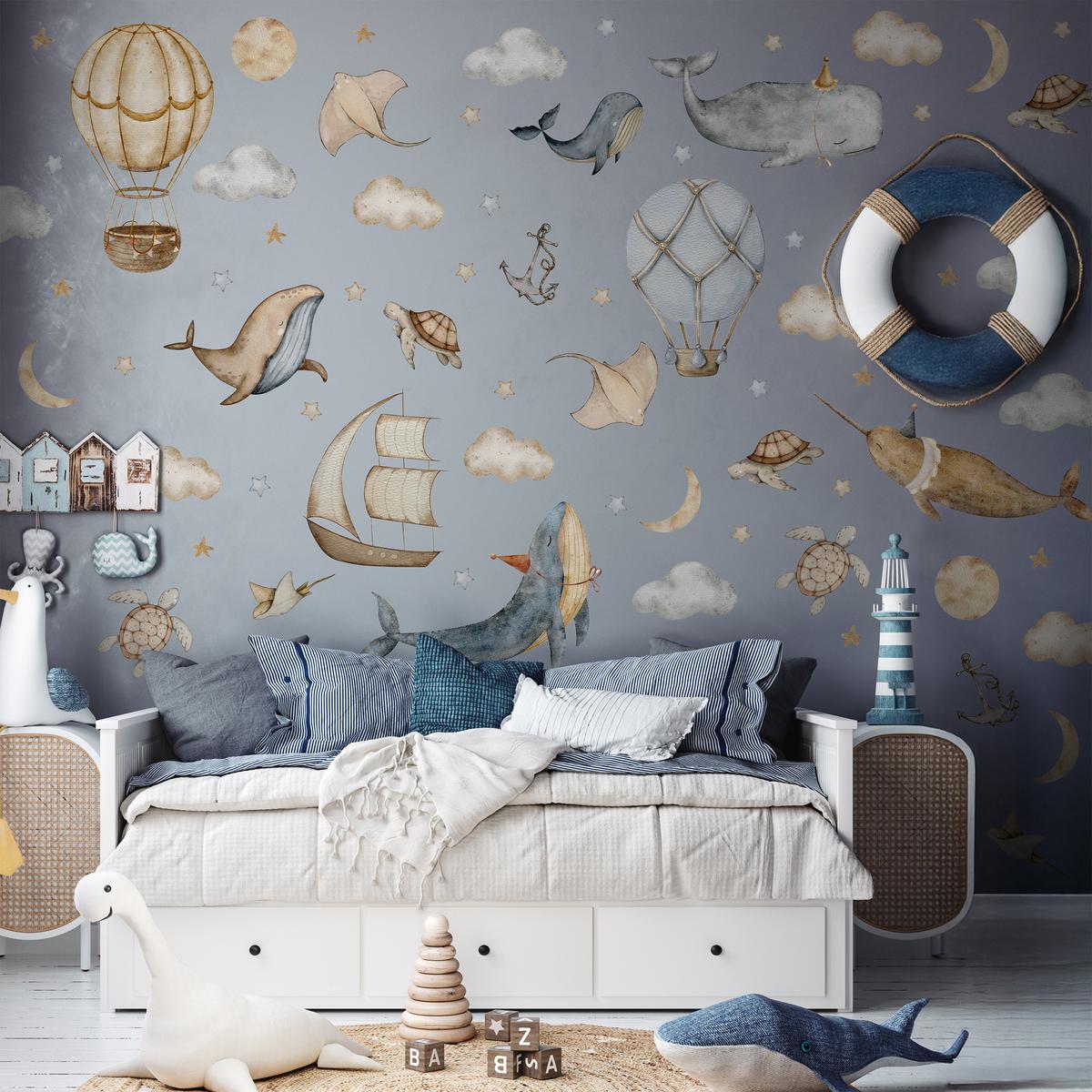 Naklejki Na Ścianę Dla Dzieci Wieloryby Chmury Balony 120x60 Gwiazdy ZESTAW nr. 4