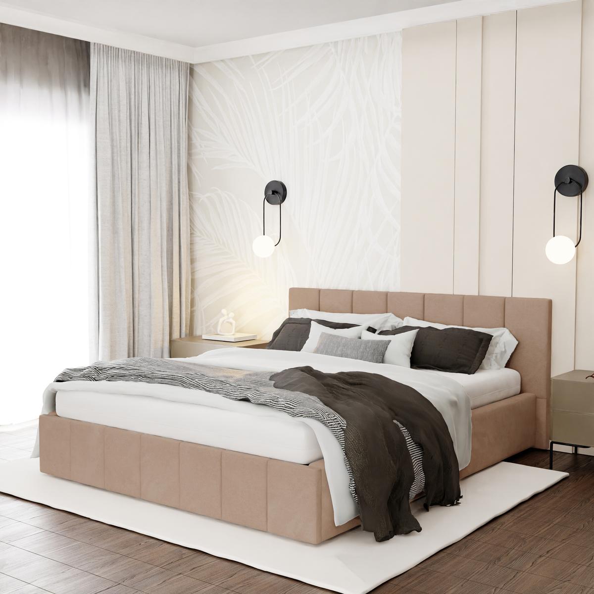 Łóżko tapicerowane 140x200 premium z pojemnikiem do sypialni beżowe wezgłowie 107 cm
