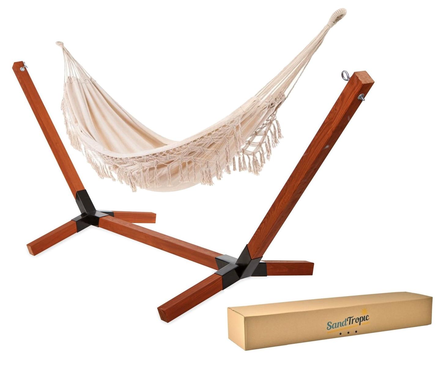 Zestaw stelaż impregnowany + hamak 90x90x320 cm boho ecru mocny 300 kg beżowy