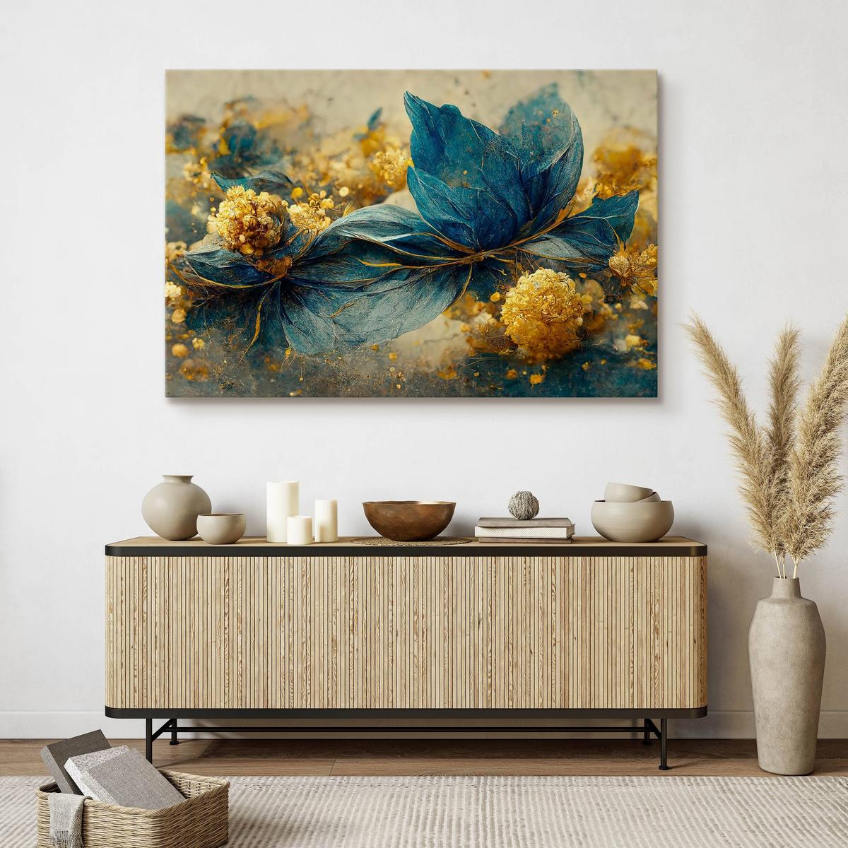 Obraz Na Płótnie Niebiesko-Złote Delikatne Kwiaty 120x80 Do Sypialni  nr. 7
