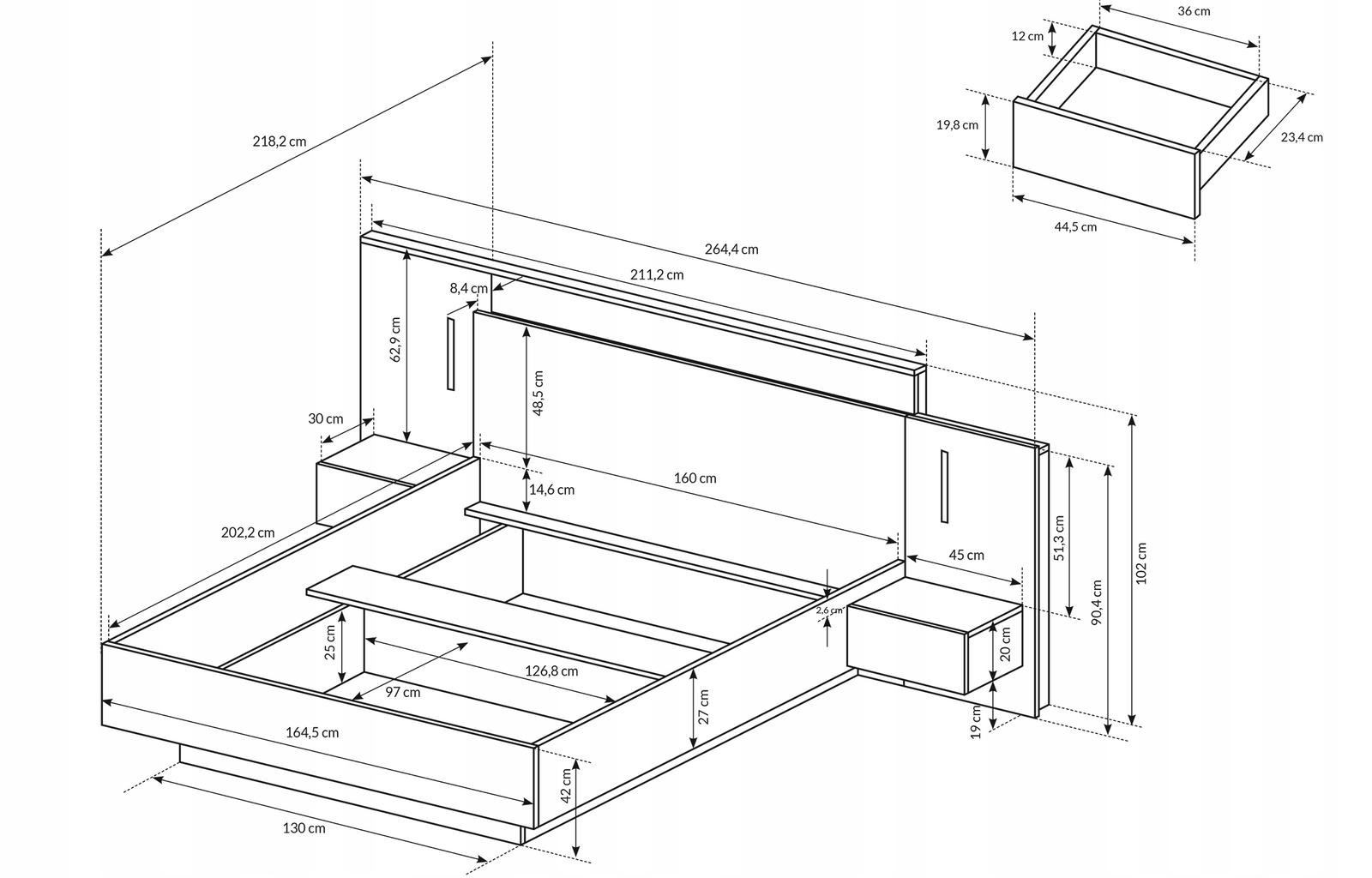 Łóżko ze stolikami + oświetlenie 264x102x218 cm system 3D biały / craft złoty do sypialni  nr. 3