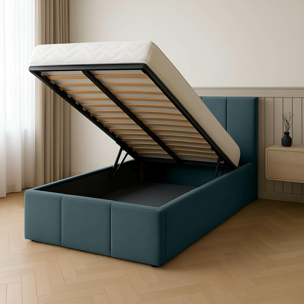 Łóżko Pojedyncze 90x200cm łóżko tapicerowane z pojemnikiem turkusowe do sypialni wezgłowie 110 cm nr. 2