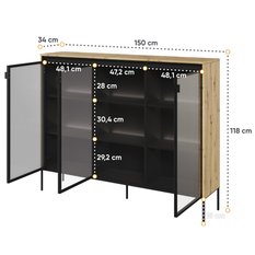 Witryna 150x34x118 cm 3w Trend z praktycznymi półkami dąb i czarny do przedpokoju lub salonu - Miniaturka zdjęcia nr 4