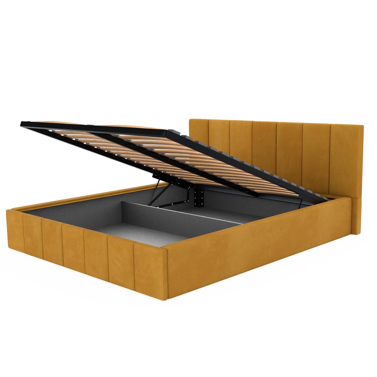 Łóżko tapicerowane 140x200 premium z pojemnikiem do sypialni żółte wezgłowie 107 cm nr. 11