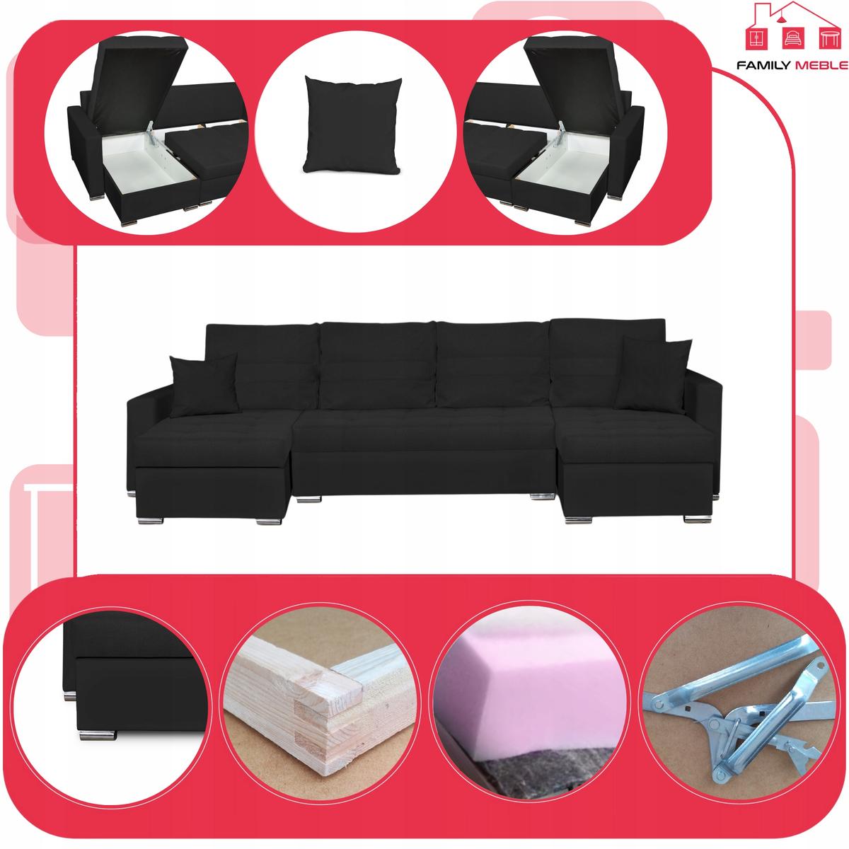 Narożnik Figo BIG 296x74x140 cm kształt U z funkcją spania i przechowywania do salonu Twist czarny nr. 4