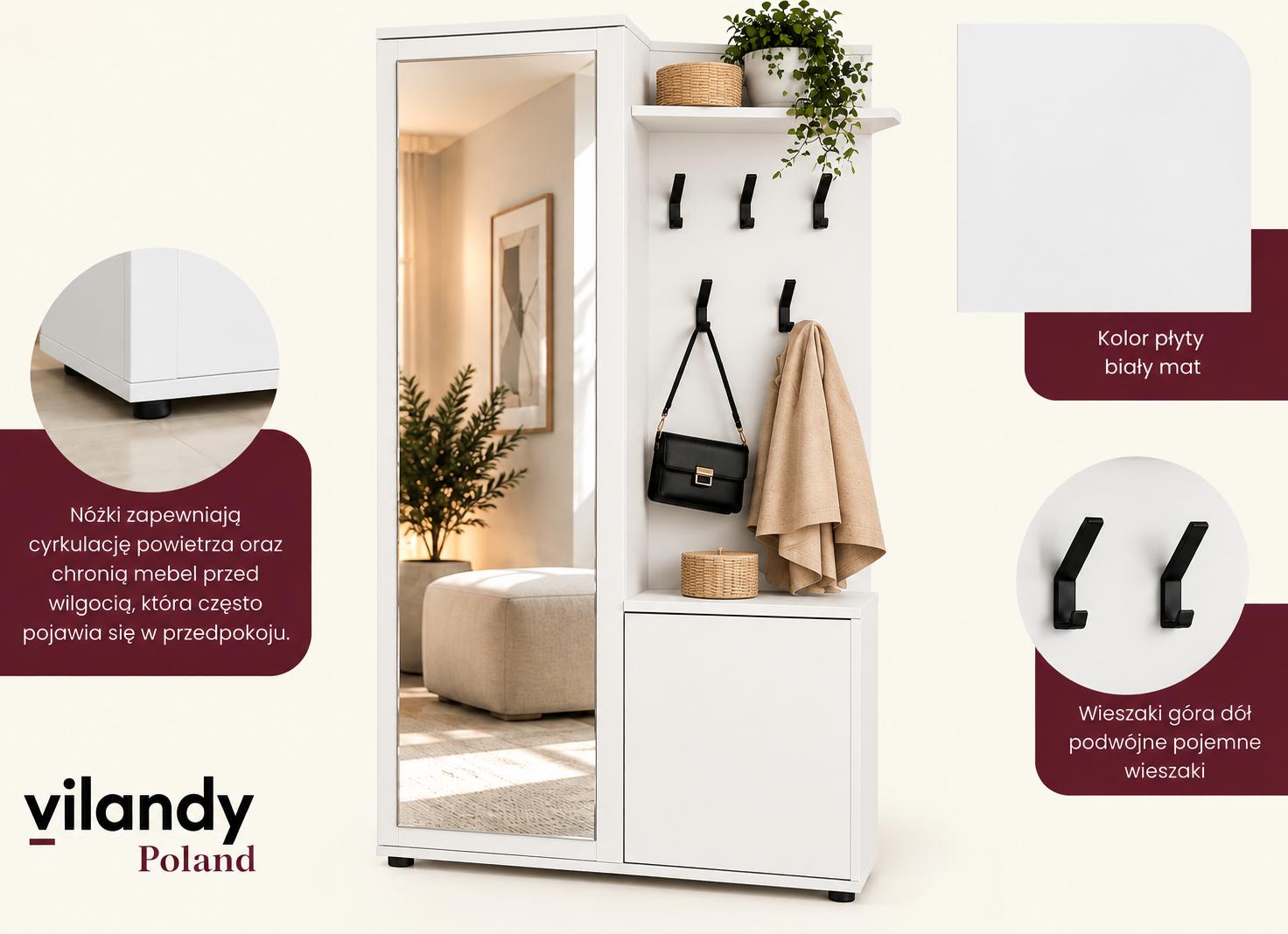 Garderoba do przedpokoju DUO 180x95x35 cm z lustrem wieszakami szafka na buty biały, lewa nr. 8
