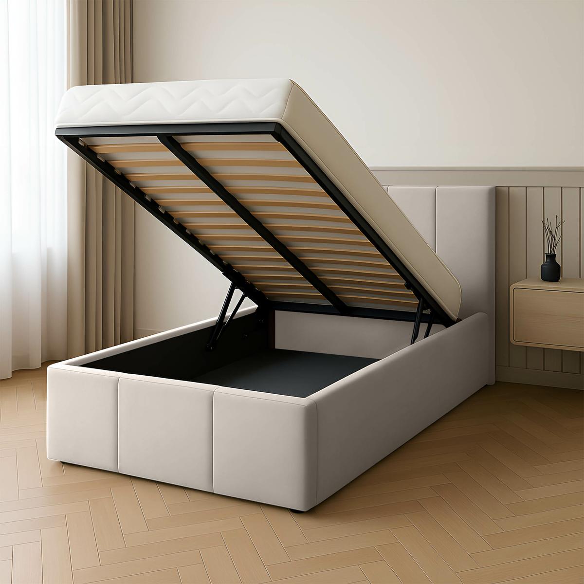 Łóżko Pojedyncze 90x200cm łóżko tapicerowane z pojemnikiem kremowe do sypialni wezgłowie 120 cm nr. 2