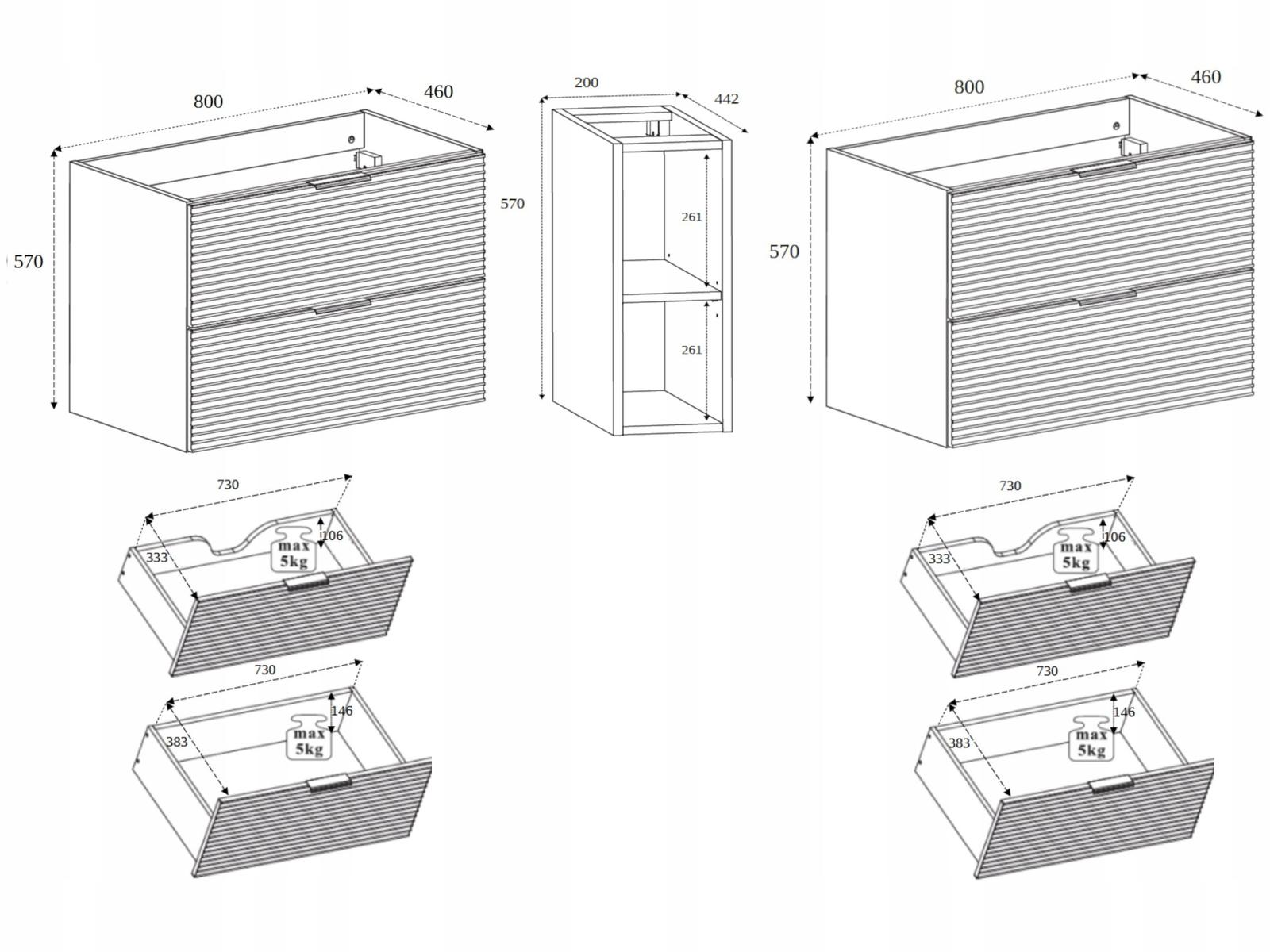 Szafka pod umywalkę 180 cm czarna wisząca frezowana 4 szuflady regał AURA nr. 2