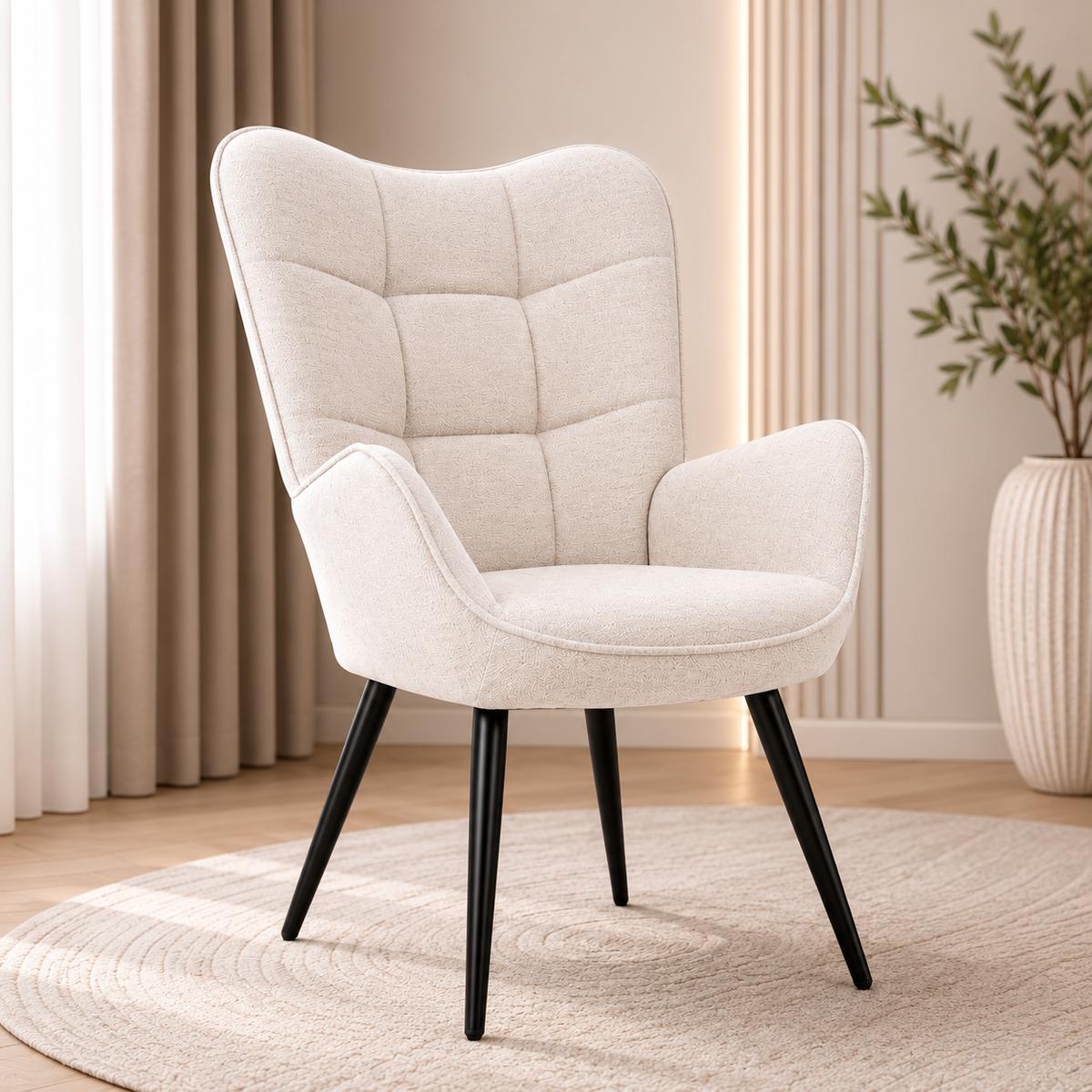 Fotel VIA tapicerowany wypoczynkowy 69x63x89 cm do salonu biura nogi czarne, szenil kremowy