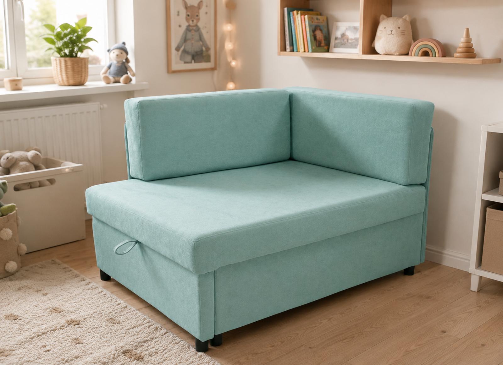 Sofa rozkładana dziecięca Viluś 106x75x80 cm narożnik jednoosobowy do pokoju z funkcją spania i przechowywania dla dzieci miętowy