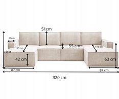 Narożnik U PORTO 320x145x93 cm sztruks kremowy do salonu - Miniaturka zdjęcia nr 12