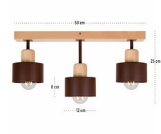 Lampa sufitowa 12 x 50 x 25 cm trzypunktowy spot z drewna i metalu gwint E27 brązowa do salonu - Miniaturka zdjęcia nr 3