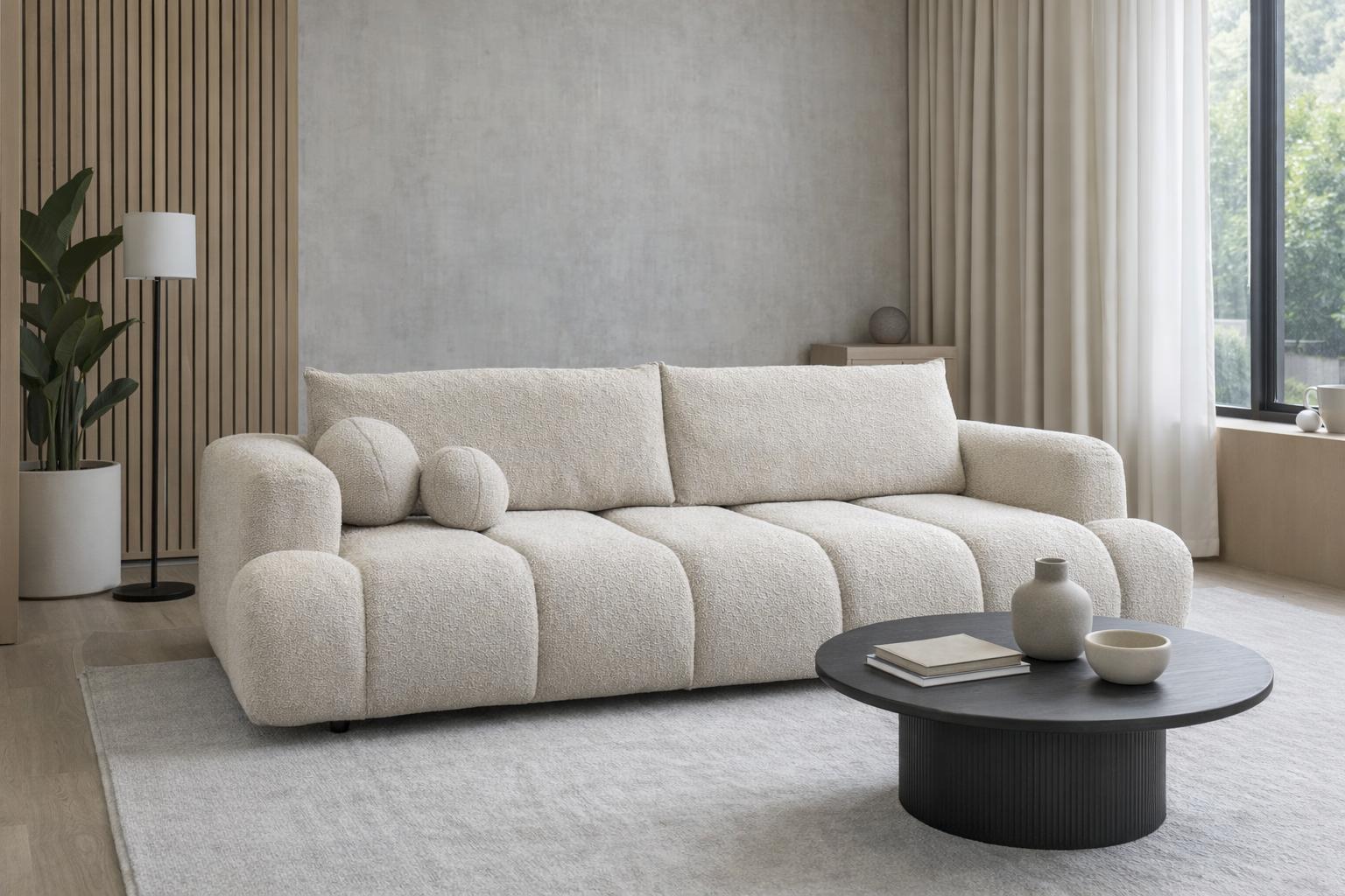 Kanapa rozkładana trzyosobowa Mediolan 250x112x90 cm LOOP sofa z funkcją spania kremowa