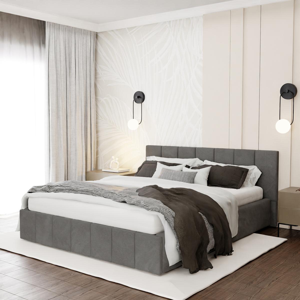 Łóżko tapicerowane 160x200 premium z pojemnikiem do sypialni szare wezgłowie 107 cm