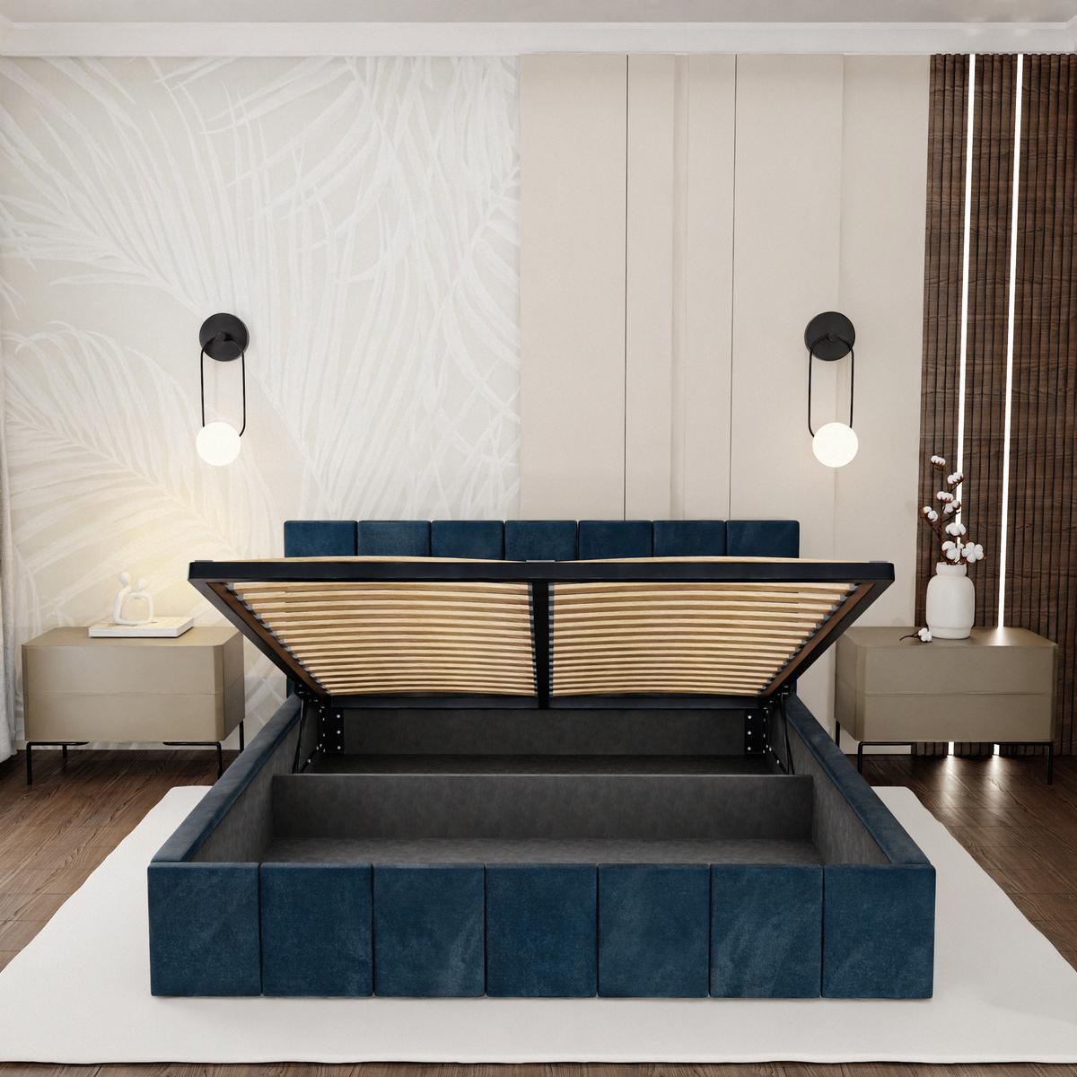 Łóżko tapicerowane 160x200 premium z pojemnikiem do sypialni granatowe wezgłowie 107 cm nr. 7