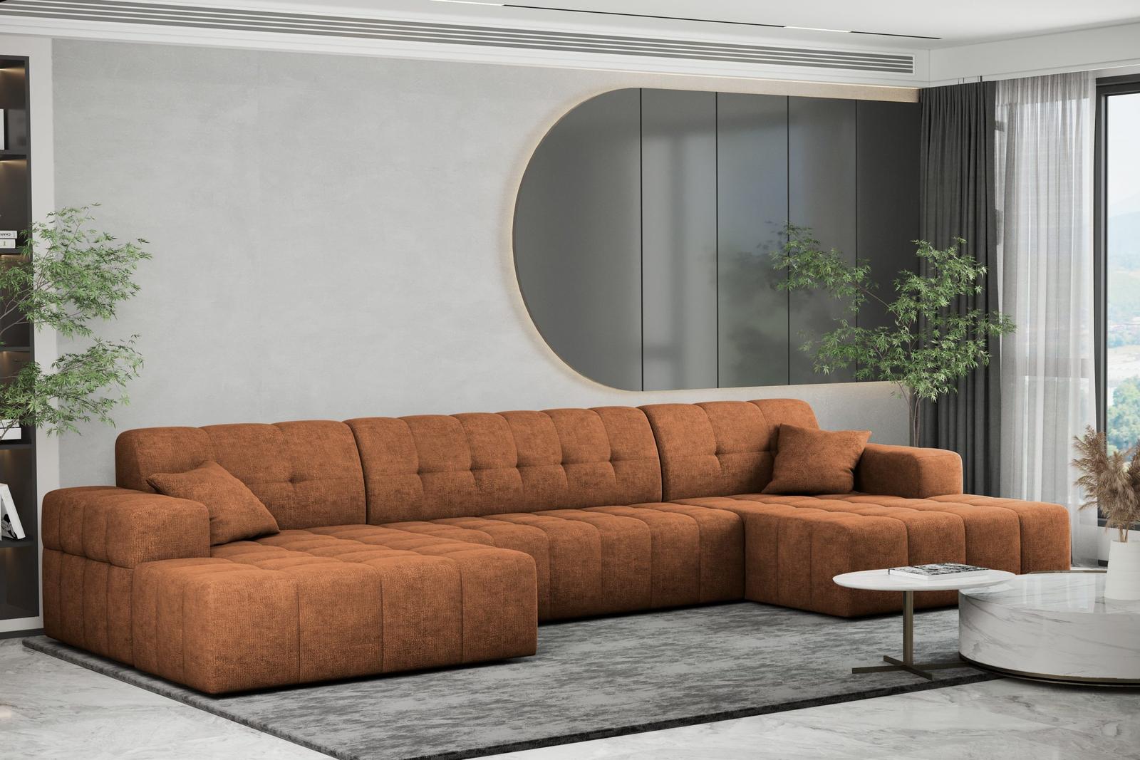 Sofa NIMES 350x82x168 cm bez funkcji spania w kształcie U pikowana do salonu NEVE  pomarańczowa