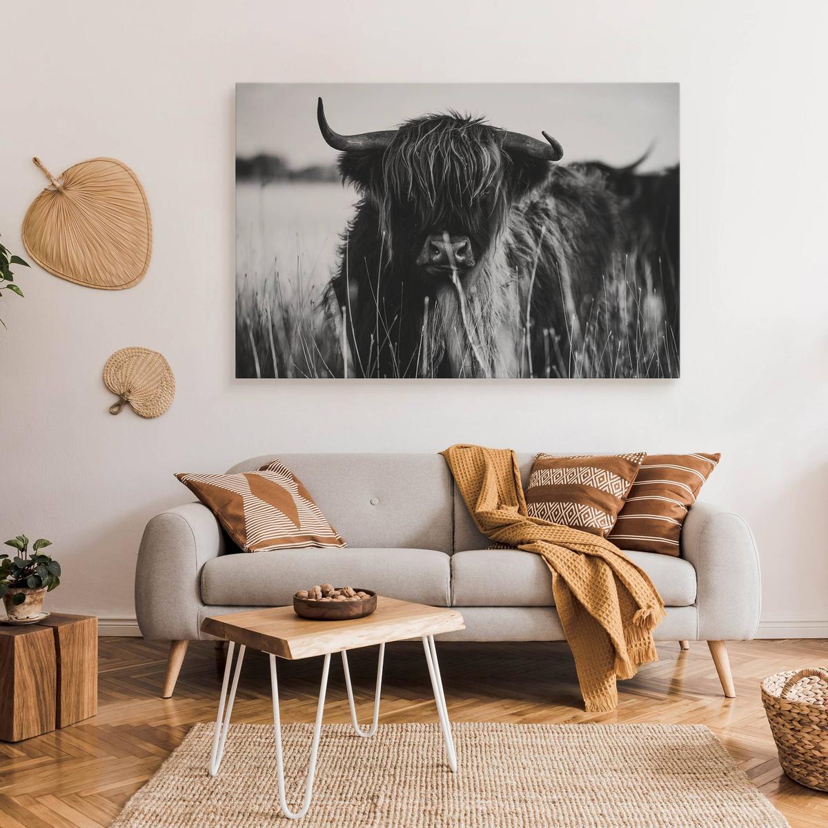 Obraz Do Sypialni Krowa Szkocka Czarno-Biały  120x80 Pejzaż Polana Natura nr. 3