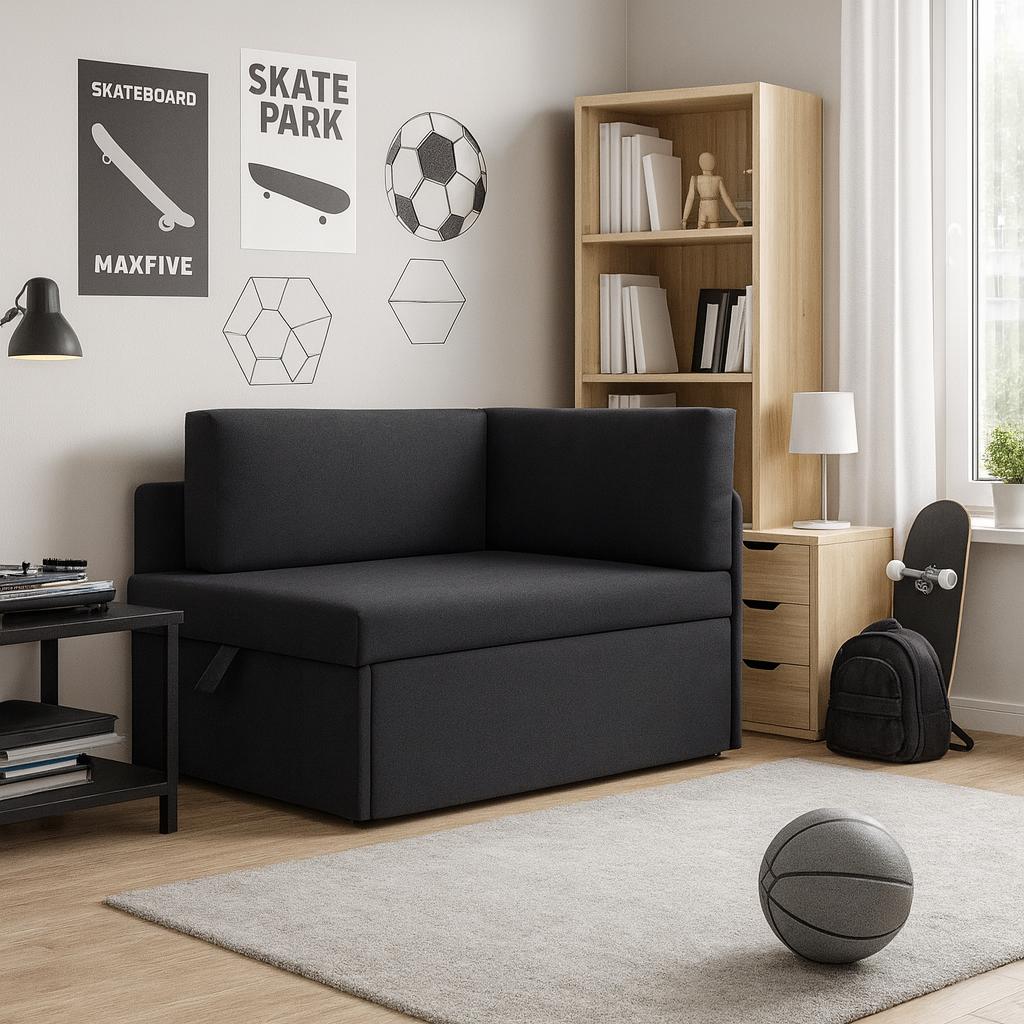 Sofa rozkładana dziecięca Viluś 108x81x78 cm narożnik jednoosobowy do pokoju z funkcją spania i przechowywania dla dzieci grafit