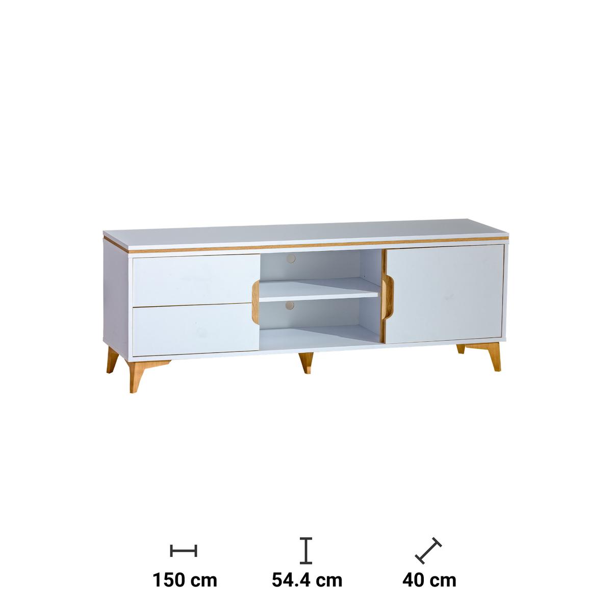 Szafka RTV 150x40x54,4 cm z dwoma półkami i dwoma szufladami biały do salonu nr. 2